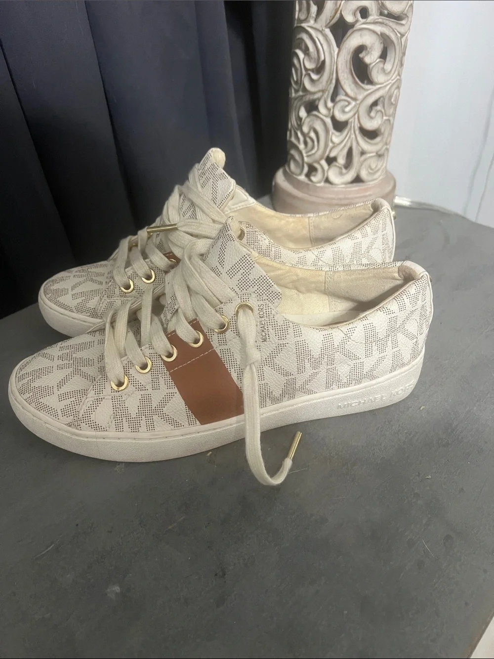 Michael Kors Cream Logo-Print Sneakers with Tan Leather Accent